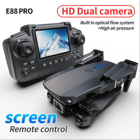 The E88 PRO drone is equipped with a 4.91-inch screen controller, an SD card, 2 batteries, a brushless motor, optical flow positioning