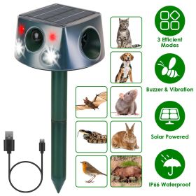 Solar & Type-C Rechargeable Animal Repeller - 3 Modes Ultrasonic+Buzzer+Vibration, IP66 Waterproof, 2200mAh Battery