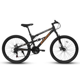 A26207 26 Inch Steel Frame Shock Fork Plus Shock Absorber 21-speed Unisex Mountain Bike (Color: BLACK-ORANGE)