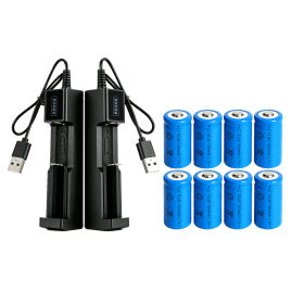 16340 RCR123A Rechargeable 3.7 V Multipurpose Li-ion button top Battery + USB Charger 1300 mAh (Quantity: 8*Batteries+2*Charger)